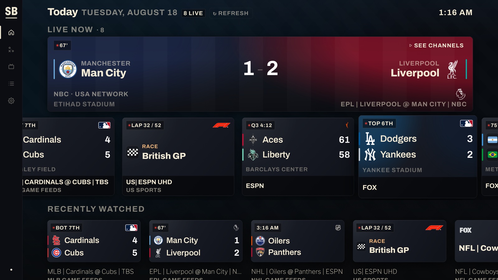 ScoreBox home screen with a featured live matchup, team-color field treatment, and scores